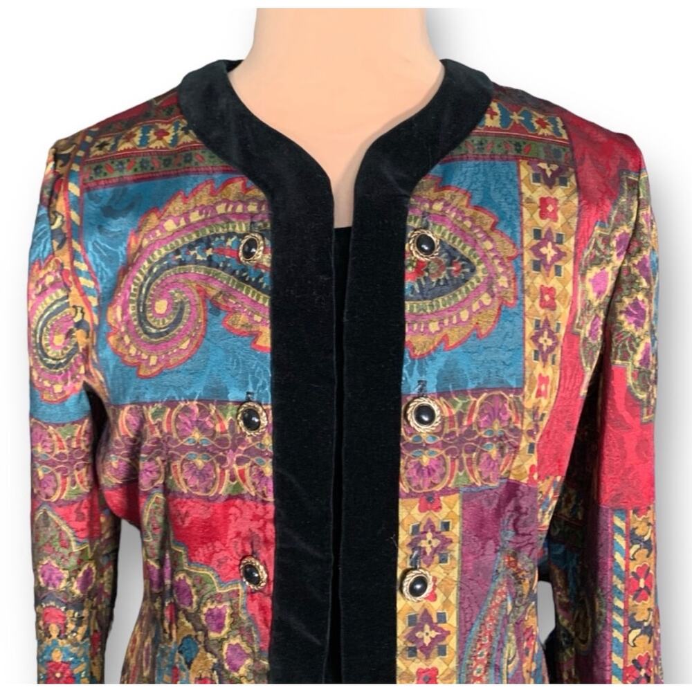 Vintage Paisley Tapestry Collarless Blazer Jacket Velvet Trim Boho Eclectic 12
